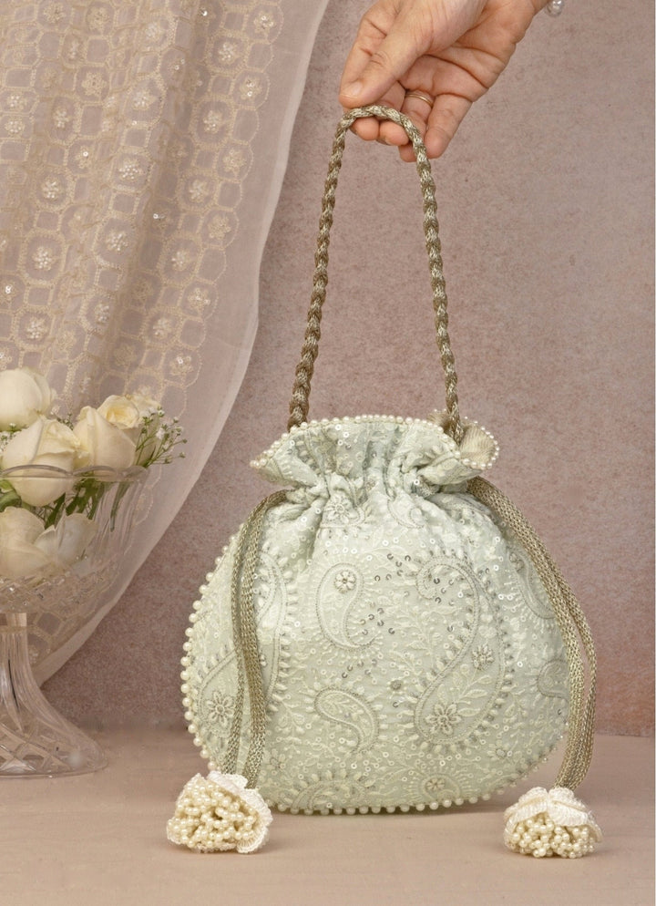 Mint Blue Embroidered Potli AMYRA - Fabilicious Fashion