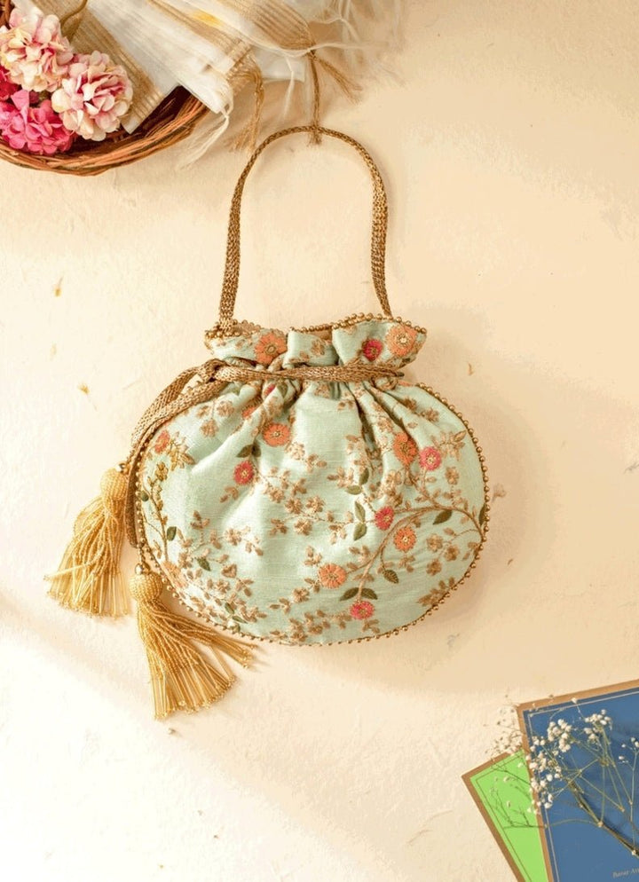 Mint Blue Embroidered Potli AMYRA - Fabilicious Fashion