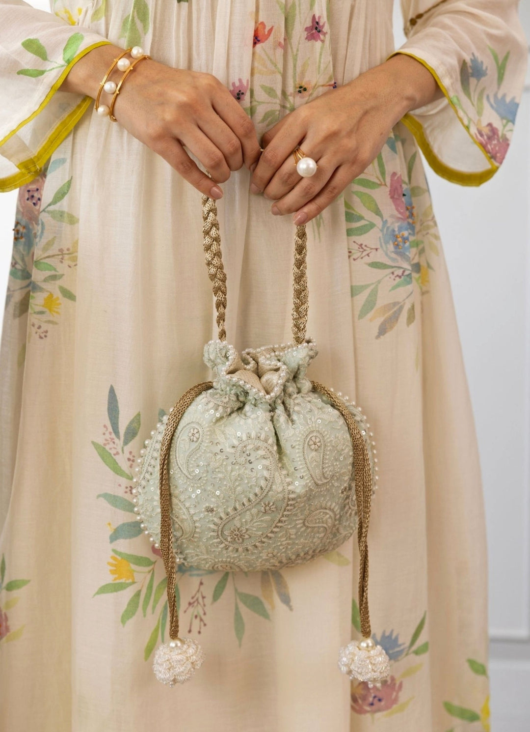 Mint Blue Embroidered Potli AMYRA - Fabilicious Fashion