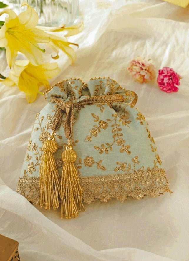 Mint Blue Embroidered Potli AMYRA - Fabilicious Fashion