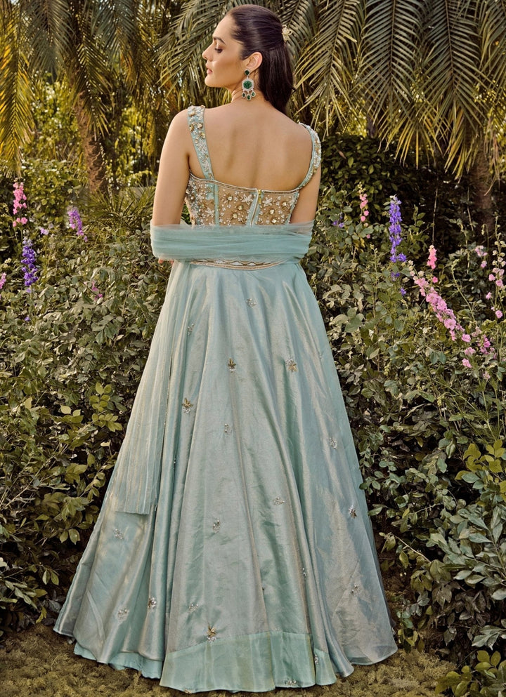 Mint Blue Lehenga With Corset Blouse Parul Gandhi - Fabilicious Fashion