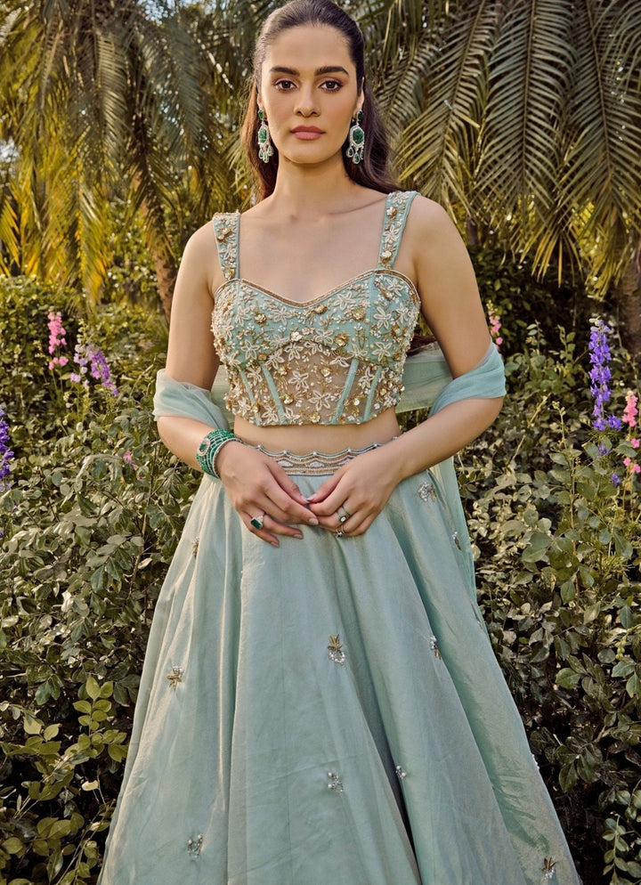 Mint Blue Lehenga With Corset Blouse Parul Gandhi - Fabilicious Fashion