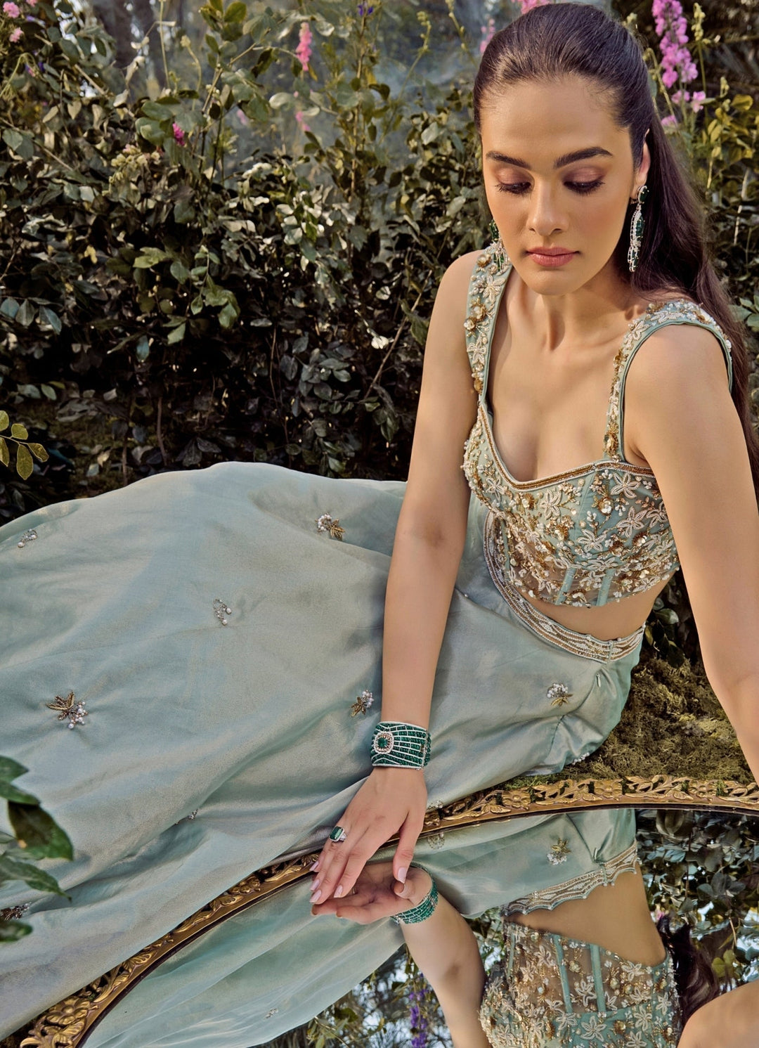 Mint Blue Lehenga With Corset Blouse Parul Gandhi - Fabilicious Fashion
