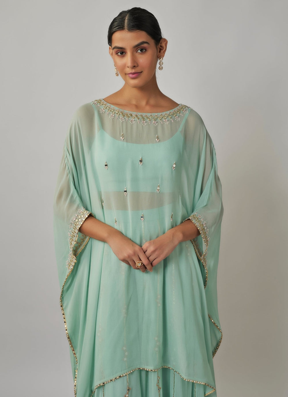 Mint Blue Mirror Embroidered Kaftan Sharara Set Renee Label - Fabilicious Fashion