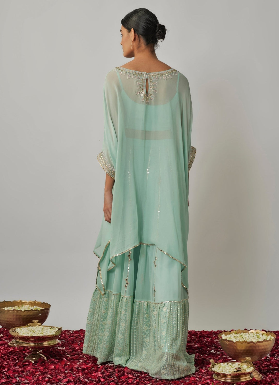 Mint Blue Mirror Embroidered Kaftan Sharara Set Renee Label - Fabilicious Fashion