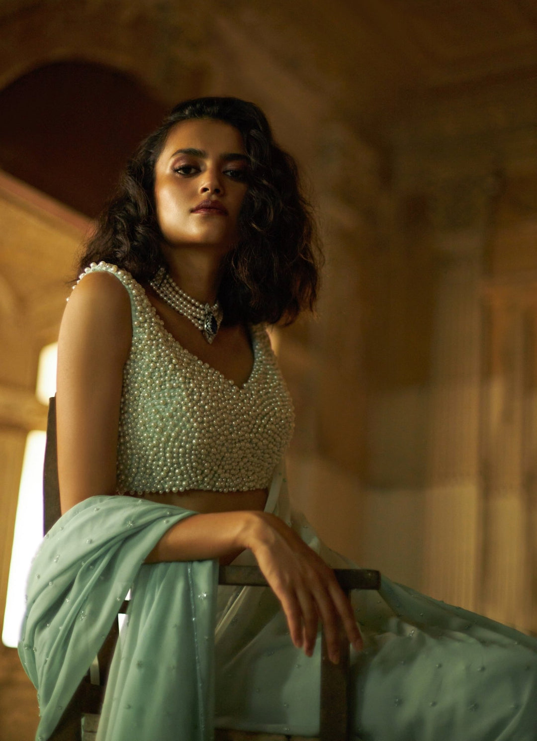 Mint Blue Ombre Saree Set With Pearl Encrusted Blouse Duara - Fabilicious Fashion