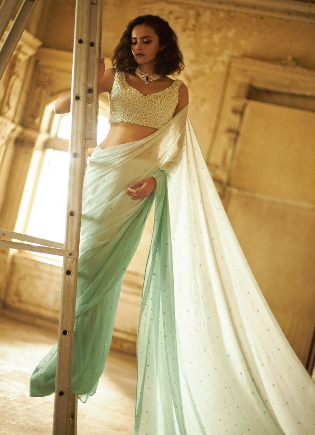 Mint Blue Ombre Saree Set With Pearl Encrusted Blouse Duara - Fabilicious Fashion