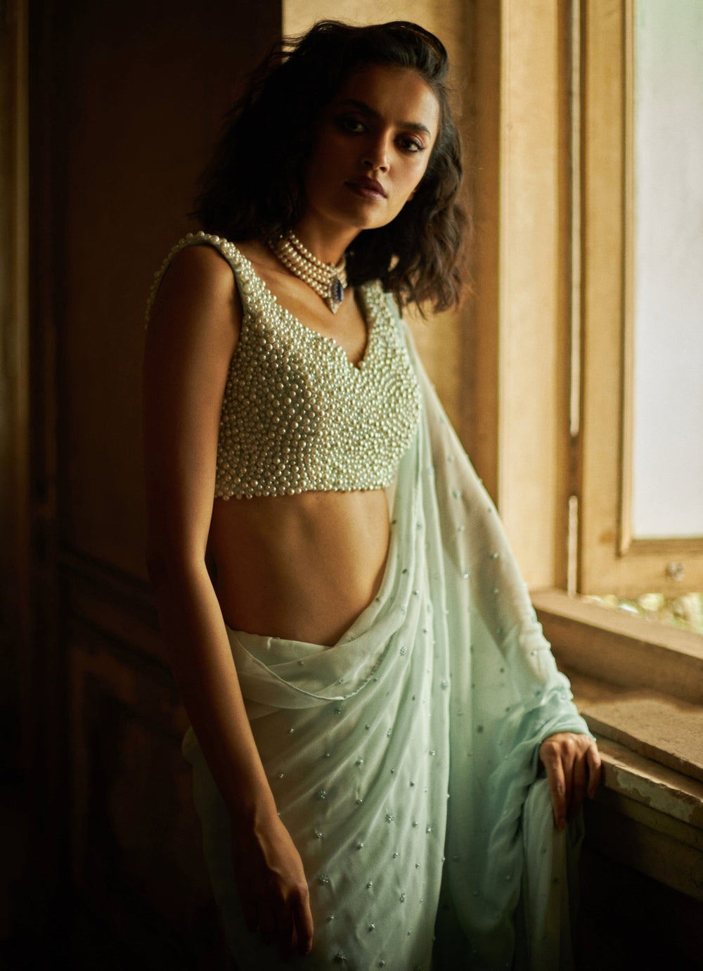 Mint Blue Ombre Saree Set With Pearl Encrusted Blouse Duara - Fabilicious Fashion