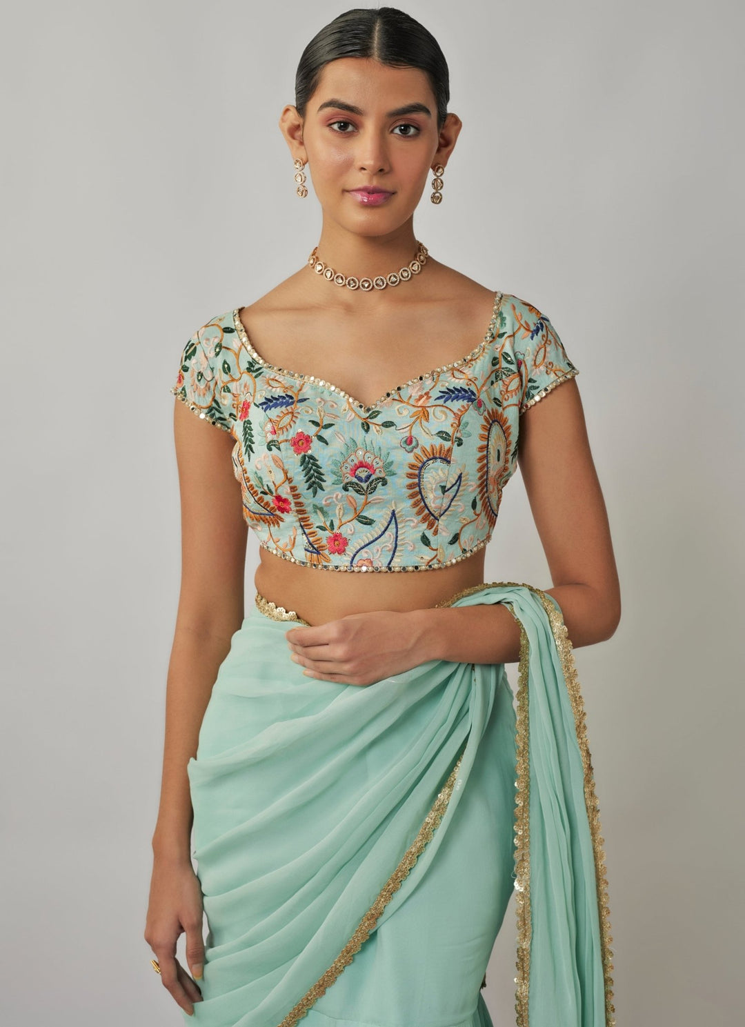Mint Blue Pre - Stitched Georgette Skirt Saree Set Renee Label - Fabilicious Fashion