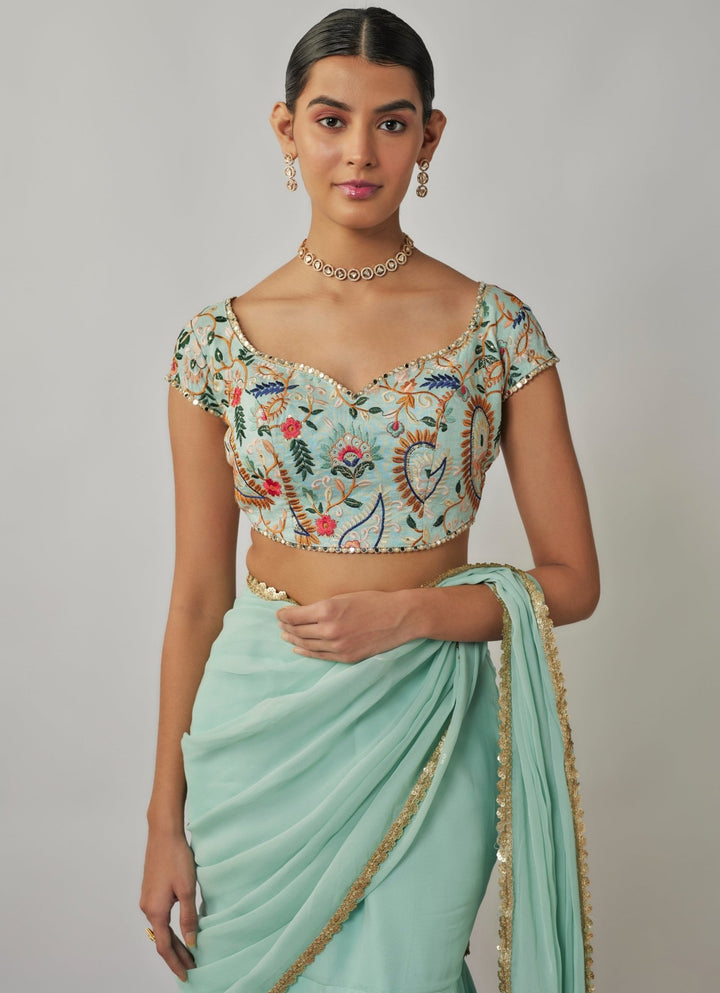 Mint Blue Pre - Stitched Georgette Skirt Saree Set Renee Label - Fabilicious Fashion