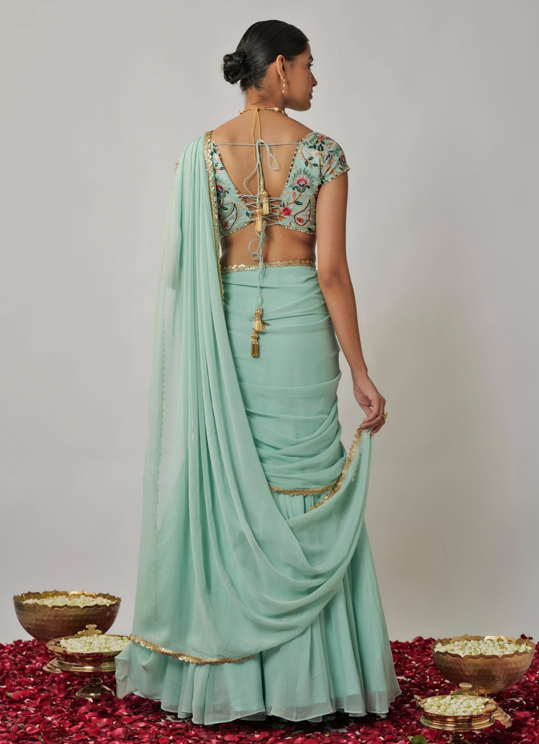 Mint Blue Pre - Stitched Georgette Skirt Saree Set Renee Label - Fabilicious Fashion