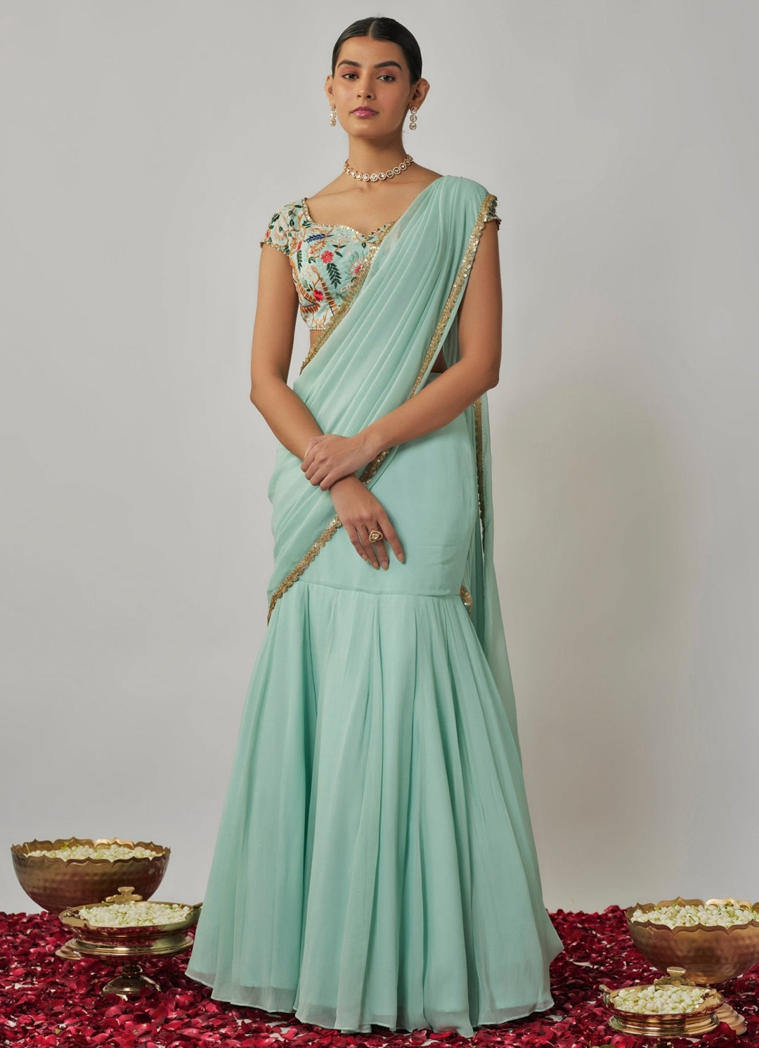 Mint Blue Pre - Stitched Georgette Skirt Saree Set Renee Label - Fabilicious Fashion
