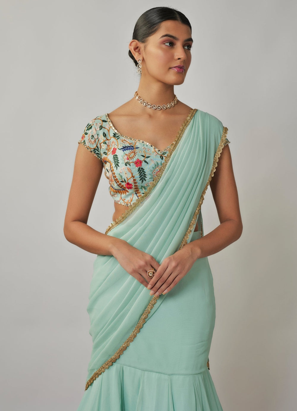 Mint Blue Pre - Stitched Georgette Skirt Saree Set Renee Label - Fabilicious Fashion