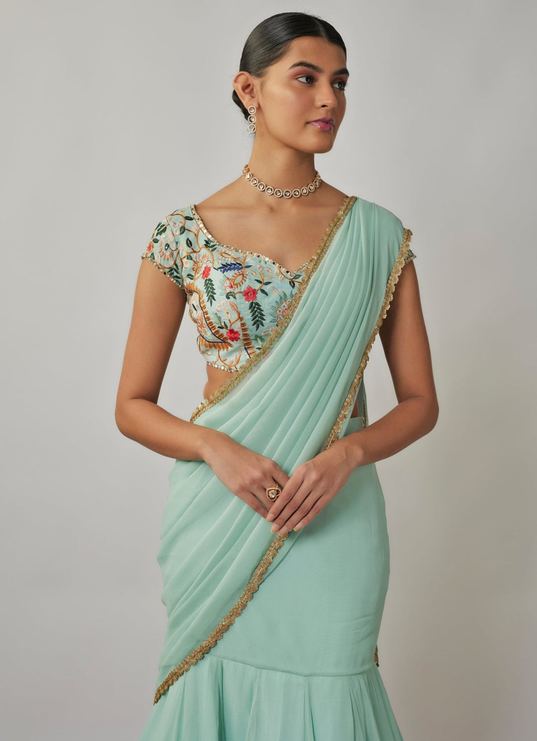 Mint Blue Pre - Stitched Georgette Skirt Saree Set Renee Label - Fabilicious Fashion