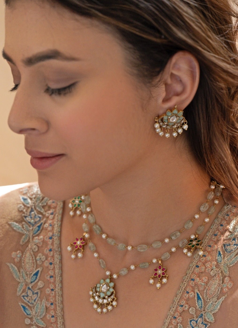Do Taara Mint Green And Red Kundan Necklace SetFabilicious Fashion