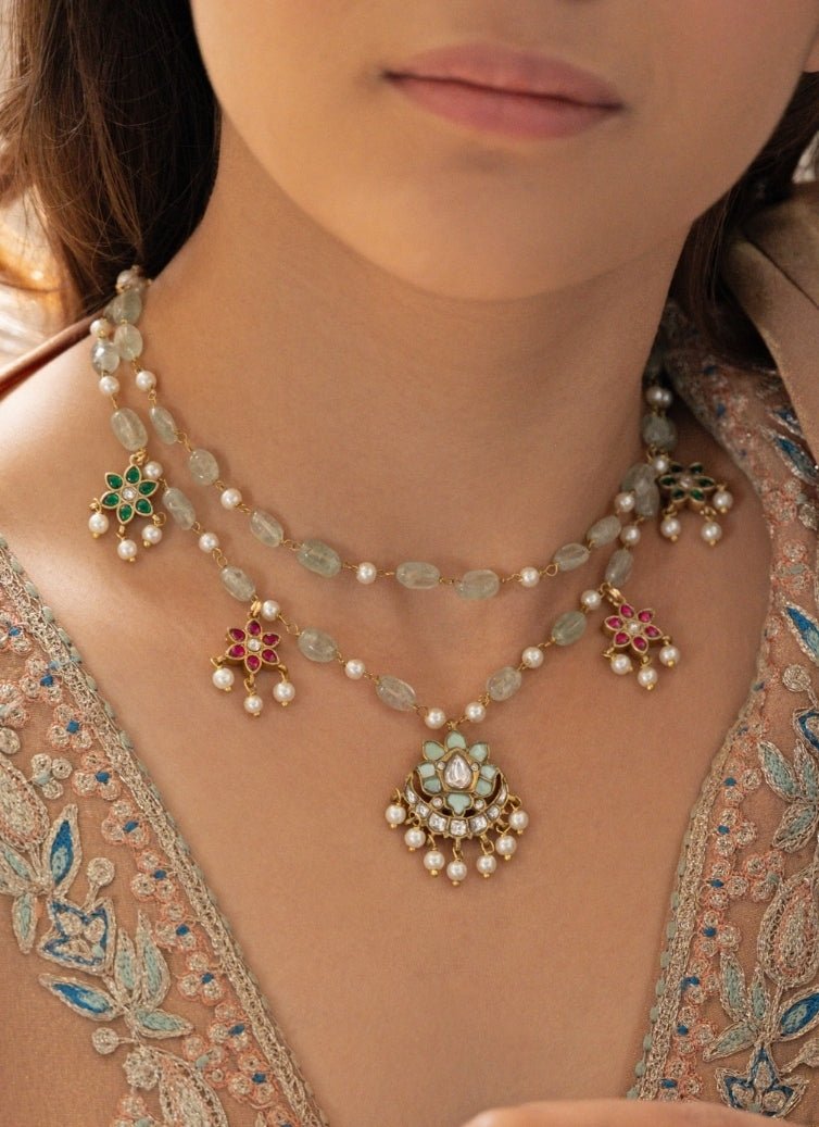 Do Taara Mint Green And Red Kundan Necklace SetFabilicious Fashion