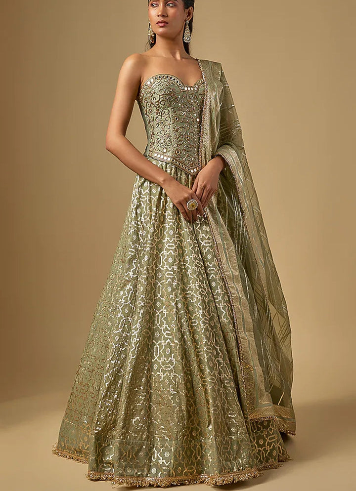 Green Banarasi Chanderi Corset Lehenga