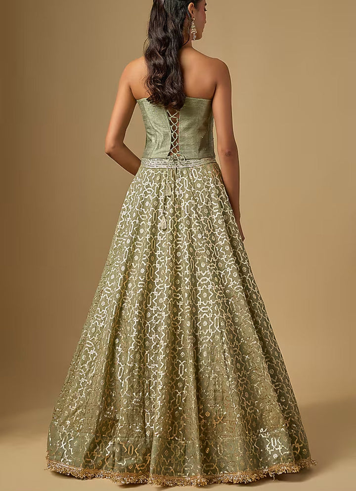 Green Banarasi Chanderi Corset Lehenga