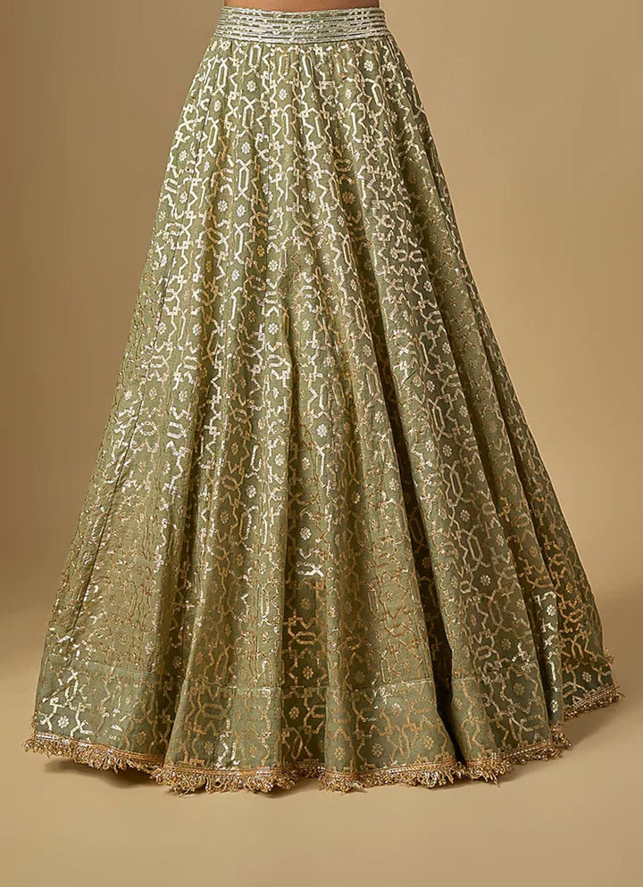 Green Banarasi Chanderi Corset Lehenga