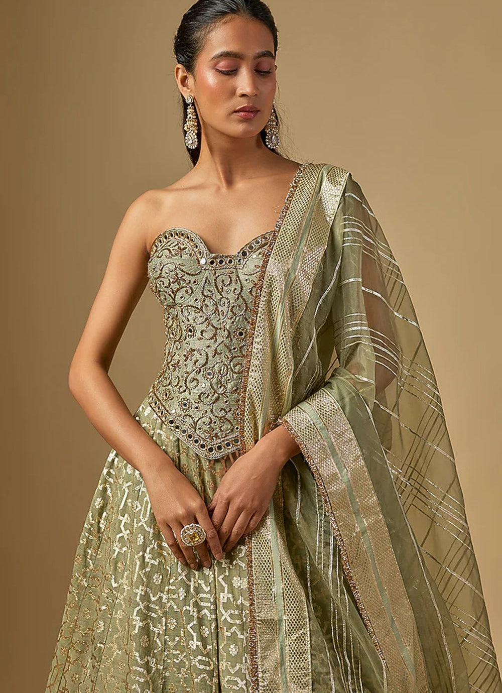 Green Banarasi Chanderi Corset Lehenga