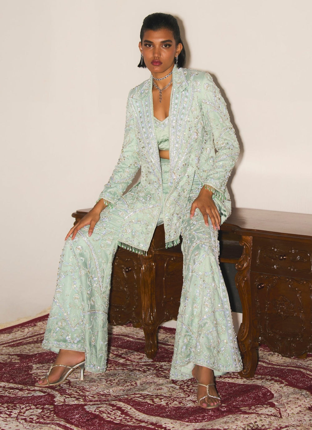 Mint Green Bustier Sharara Set With Jacket Mani Bhatia - Fabilicious Fashion