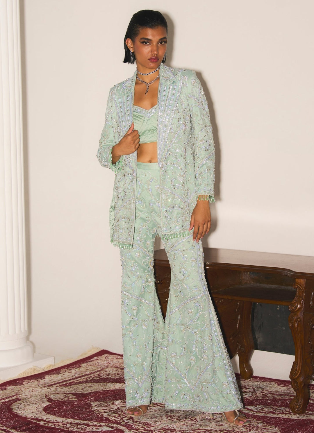 Mint Green Bustier Sharara Set With Jacket Mani Bhatia - Fabilicious Fashion