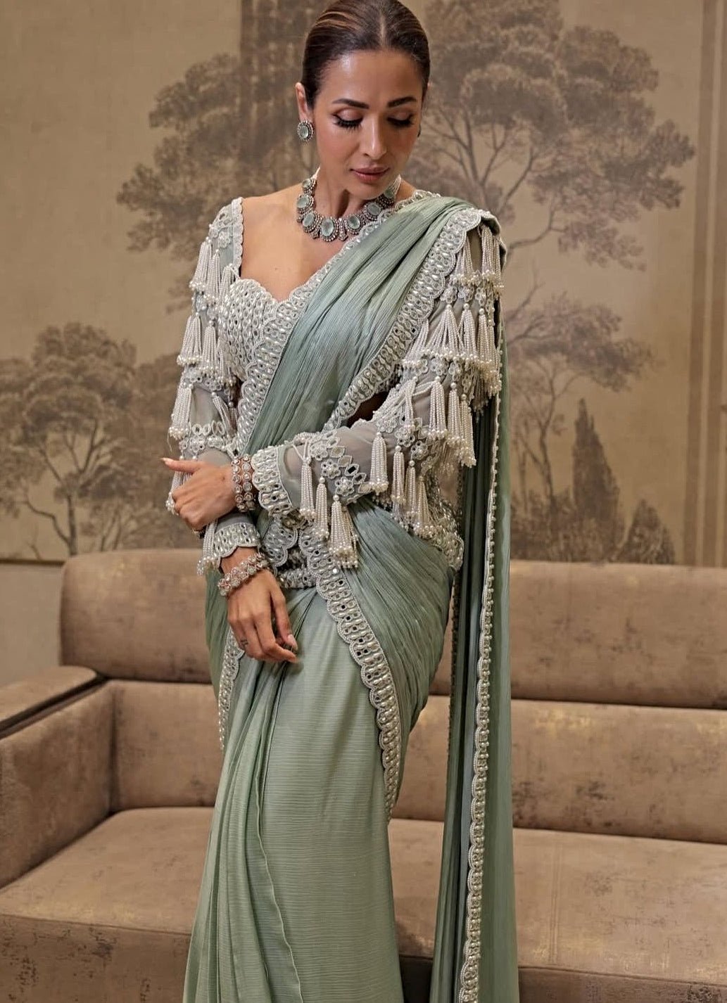 Mint Green Chandelier Drop Pre Draped Saree Set Vvani by Vani Vats - Fabilicious Fashion