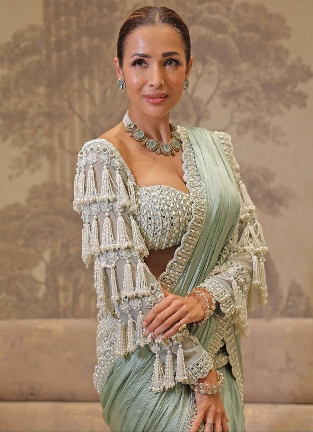 Mint Green Chandelier Drop Pre Draped Saree Set Vvani by Vani Vats - Fabilicious Fashion