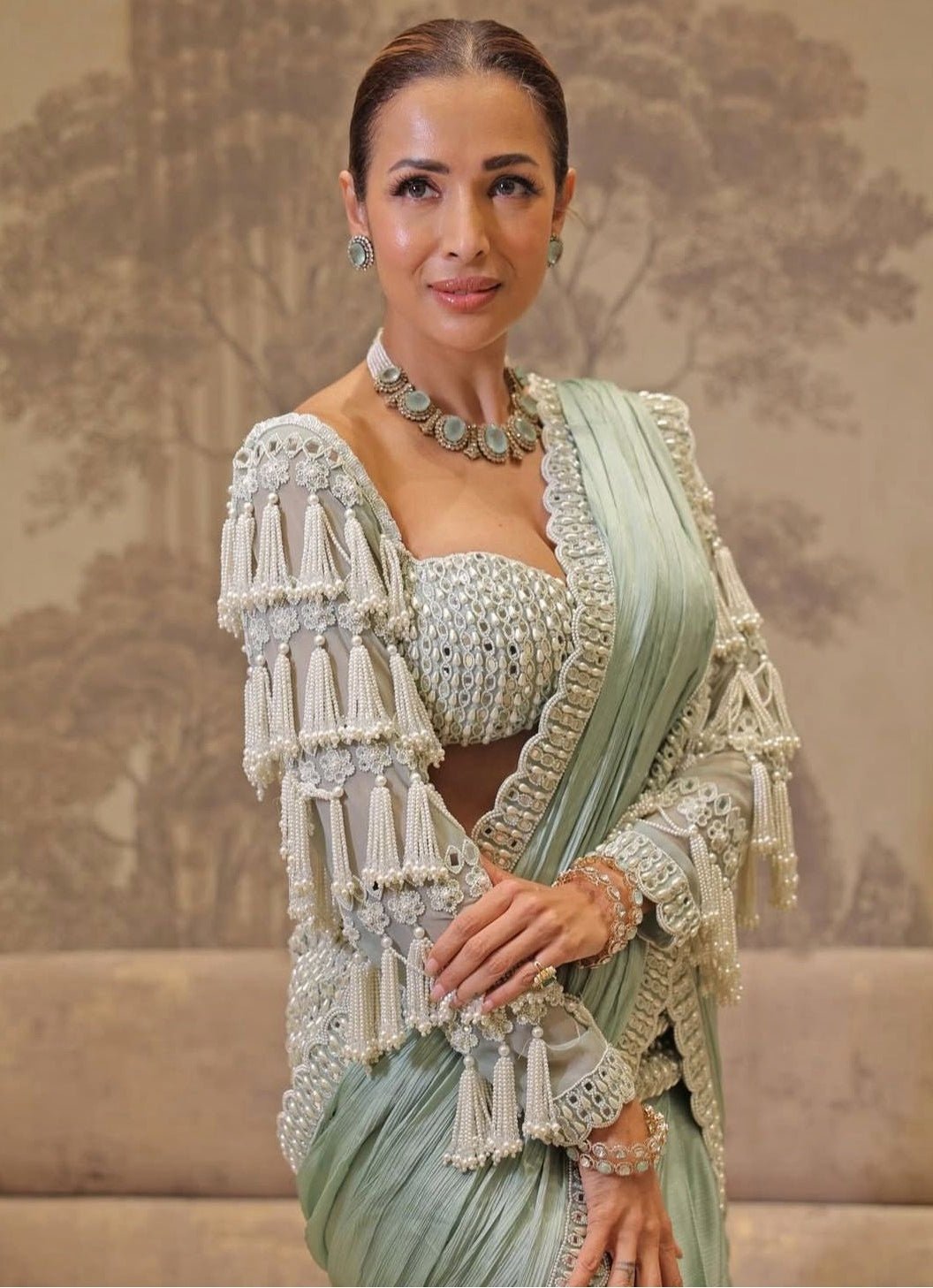 Mint Green Chandelier Drop Pre Draped Saree Set Vvani by Vani Vats - Fabilicious Fashion