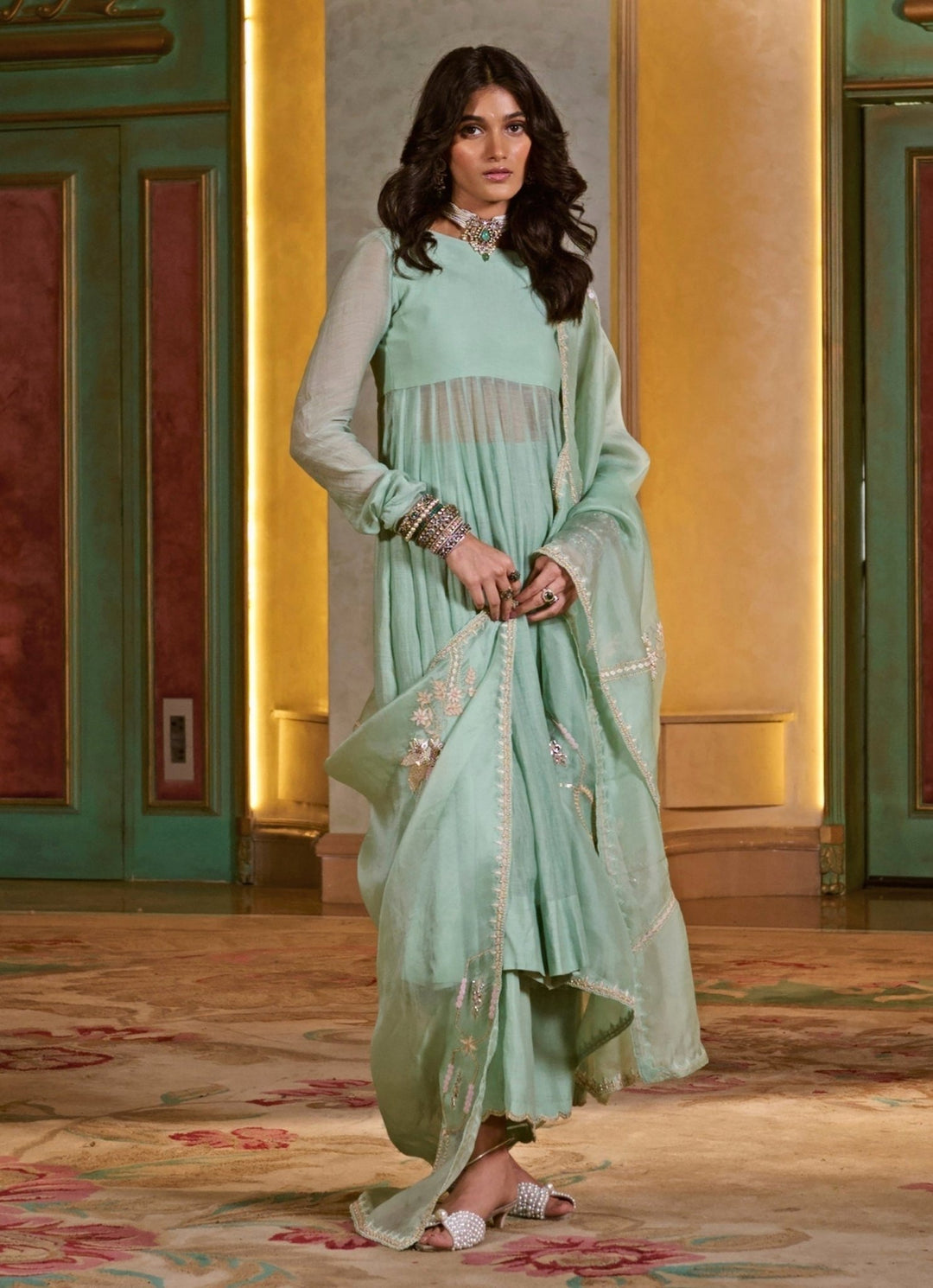 Mint Green Chanderi Anarkali Pants Set Paulmi and Harsh - Fabilicious Fashion