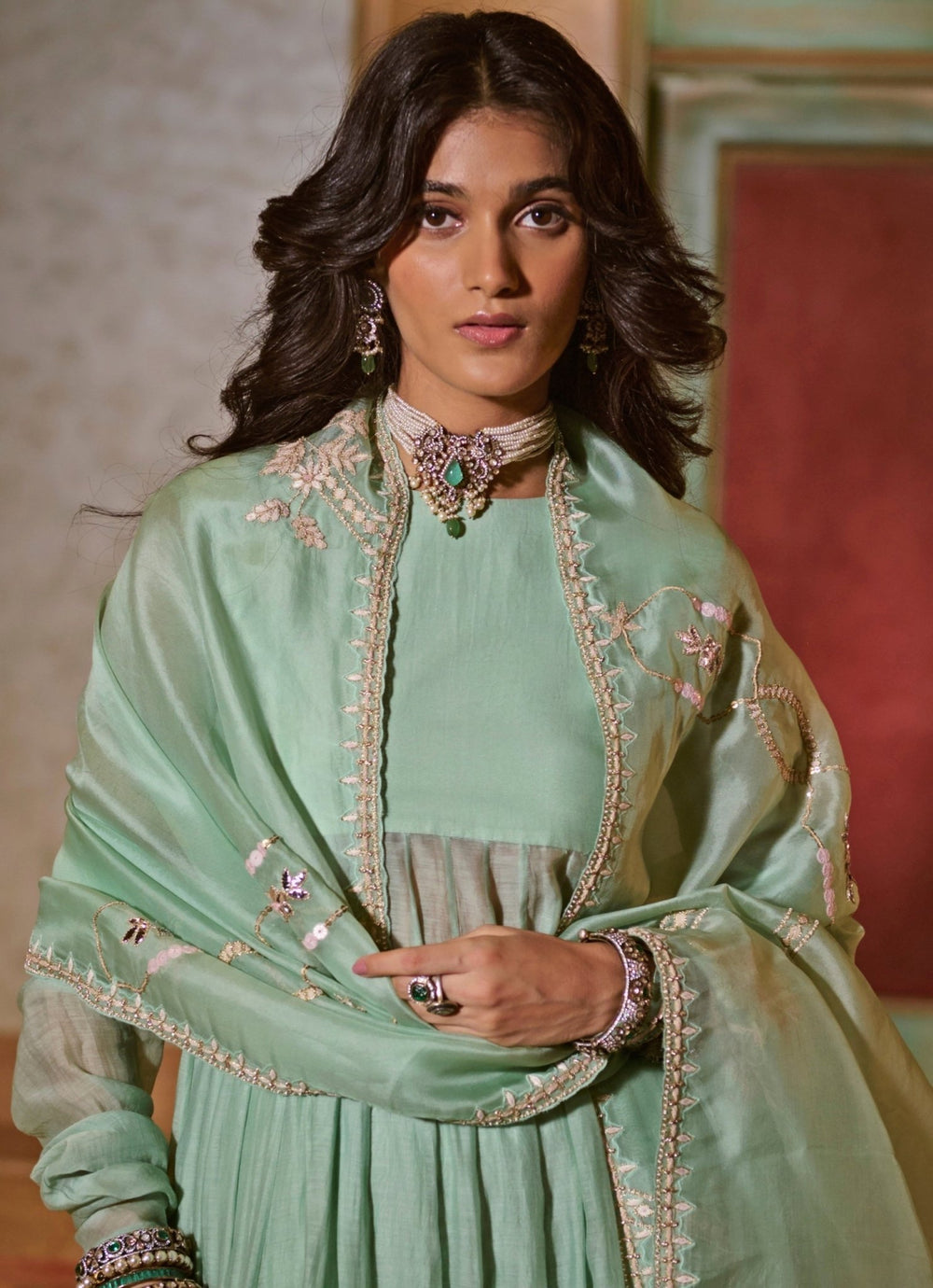 Mint Green Chanderi Anarkali Pants Set Paulmi and Harsh - Fabilicious Fashion