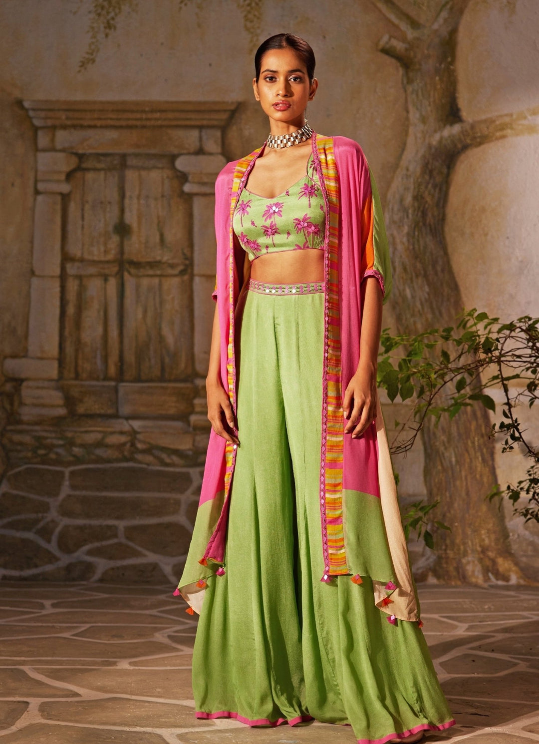 Mint Green Chiffon Pant Set With Cape Basil Leaf - Fabilicious Fashion