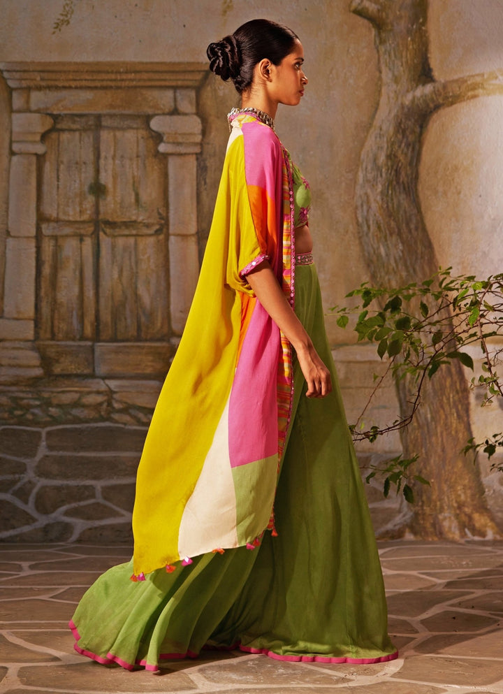 Mint Green Chiffon Pant Set With Cape Basil Leaf - Fabilicious Fashion
