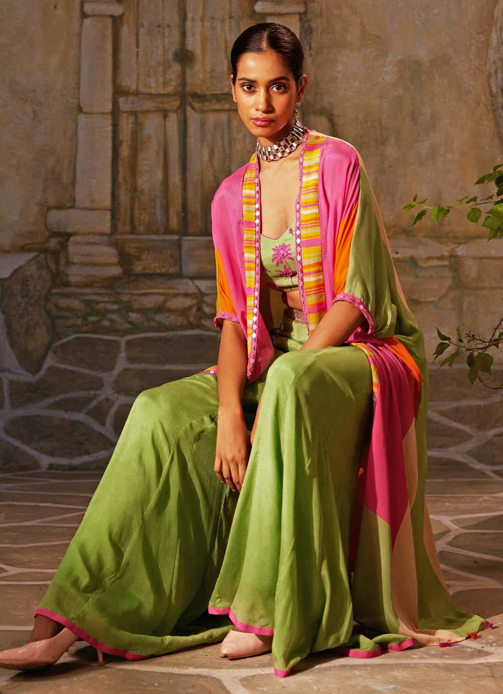 Mint Green Chiffon Pant Set With Cape Basil Leaf - Fabilicious Fashion