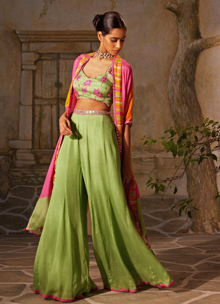 Mint Green Chiffon Pant Set With Cape Basil Leaf - Fabilicious Fashion