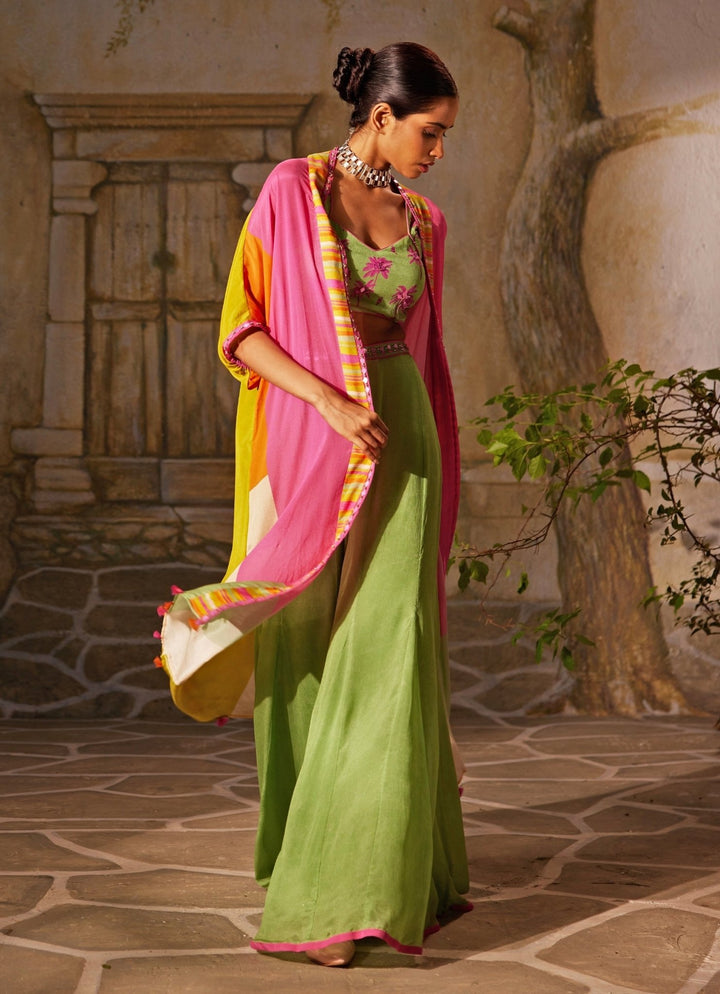 Mint Green Chiffon Pant Set With Cape Basil Leaf - Fabilicious Fashion