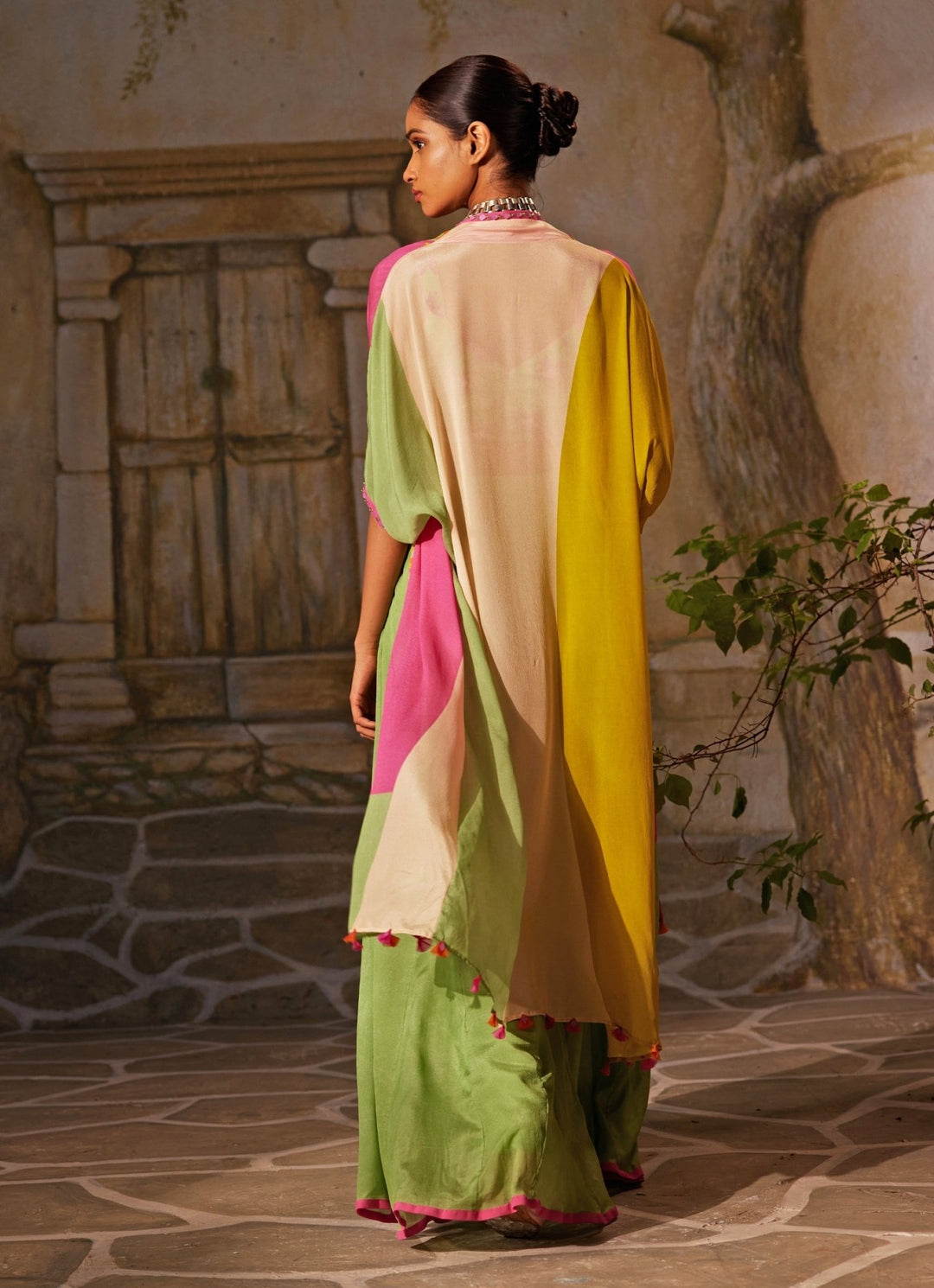 Mint Green Chiffon Pant Set With Cape Basil Leaf - Fabilicious Fashion