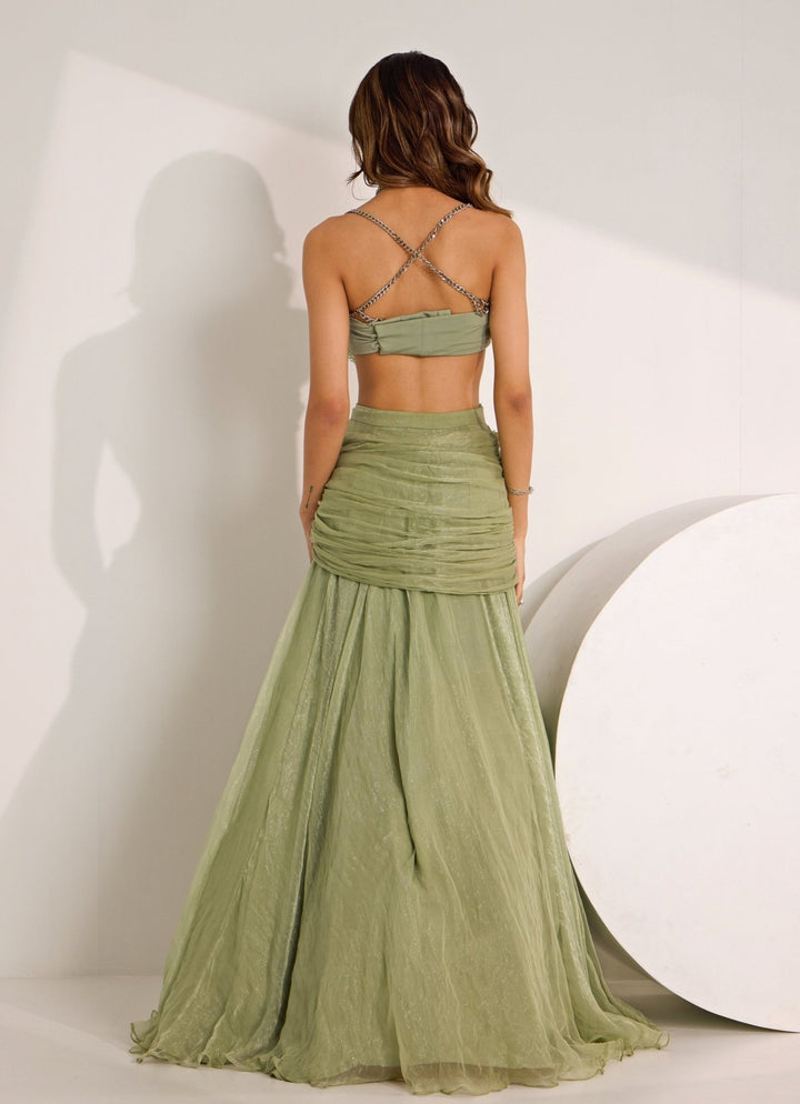 Mint Green Cowl Skirt With Embellished Bralette Silky Bindra - Fabilicious Fashion