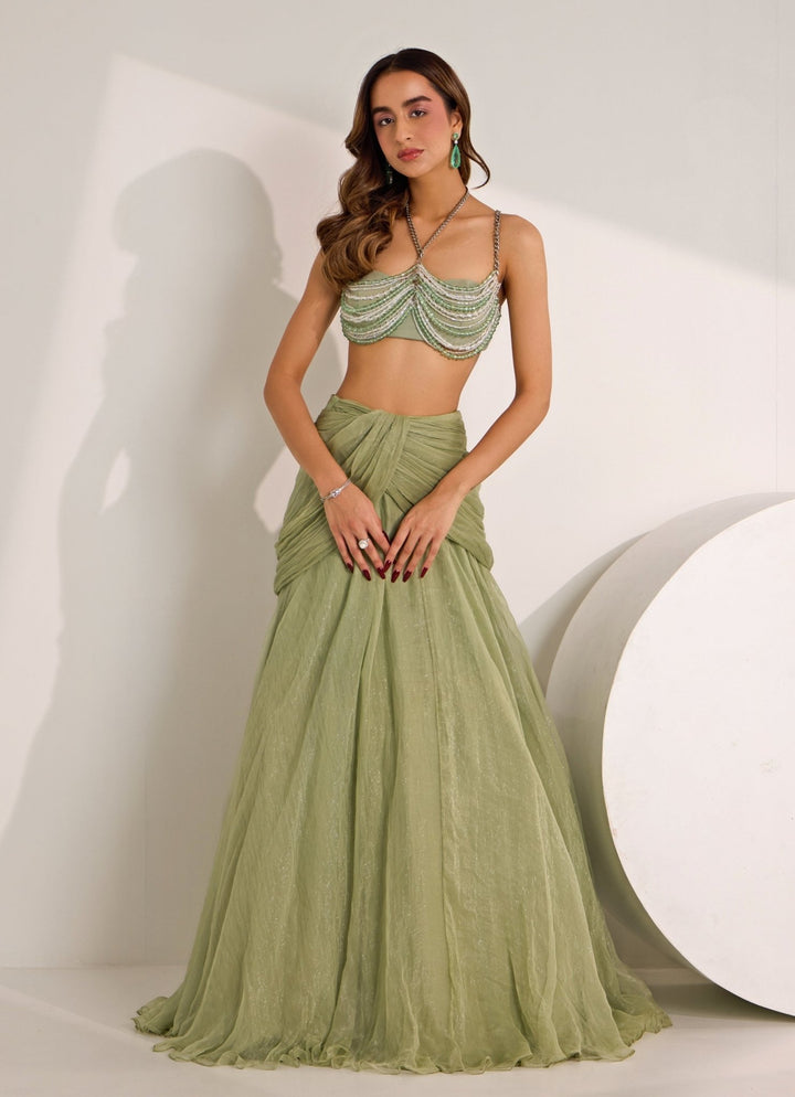 Mint Green Cowl Skirt With Embellished Bralette Silky Bindra - Fabilicious Fashion