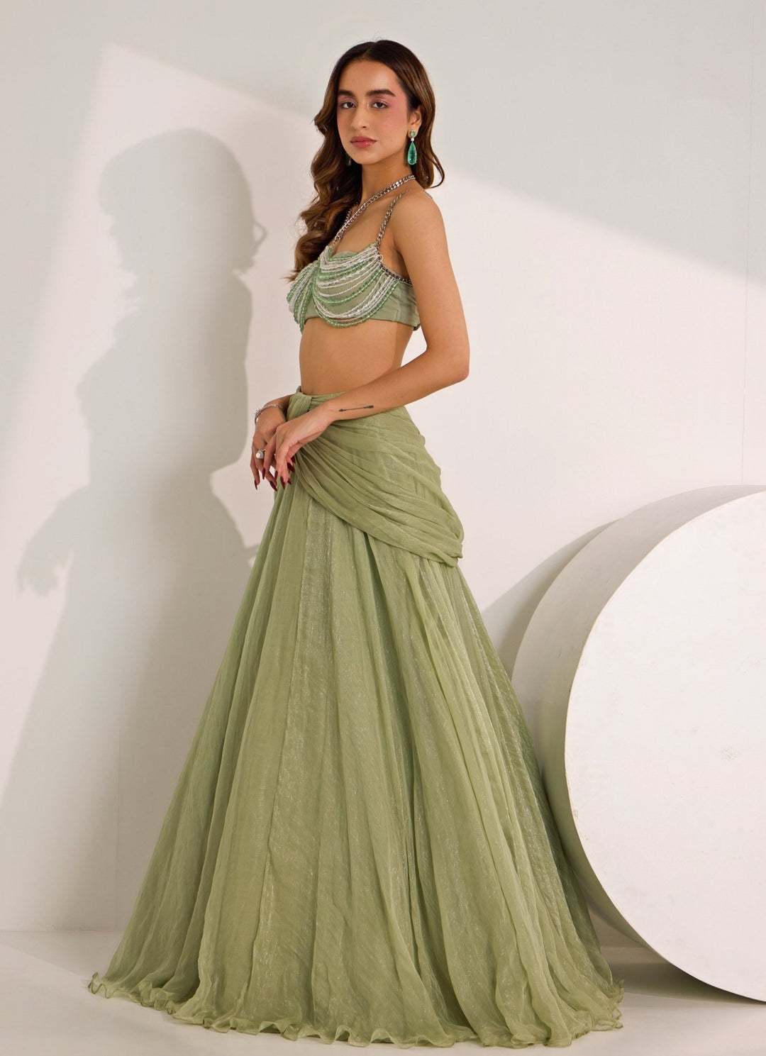 Mint Green Cowl Skirt With Embellished Bralette Silky Bindra - Fabilicious Fashion