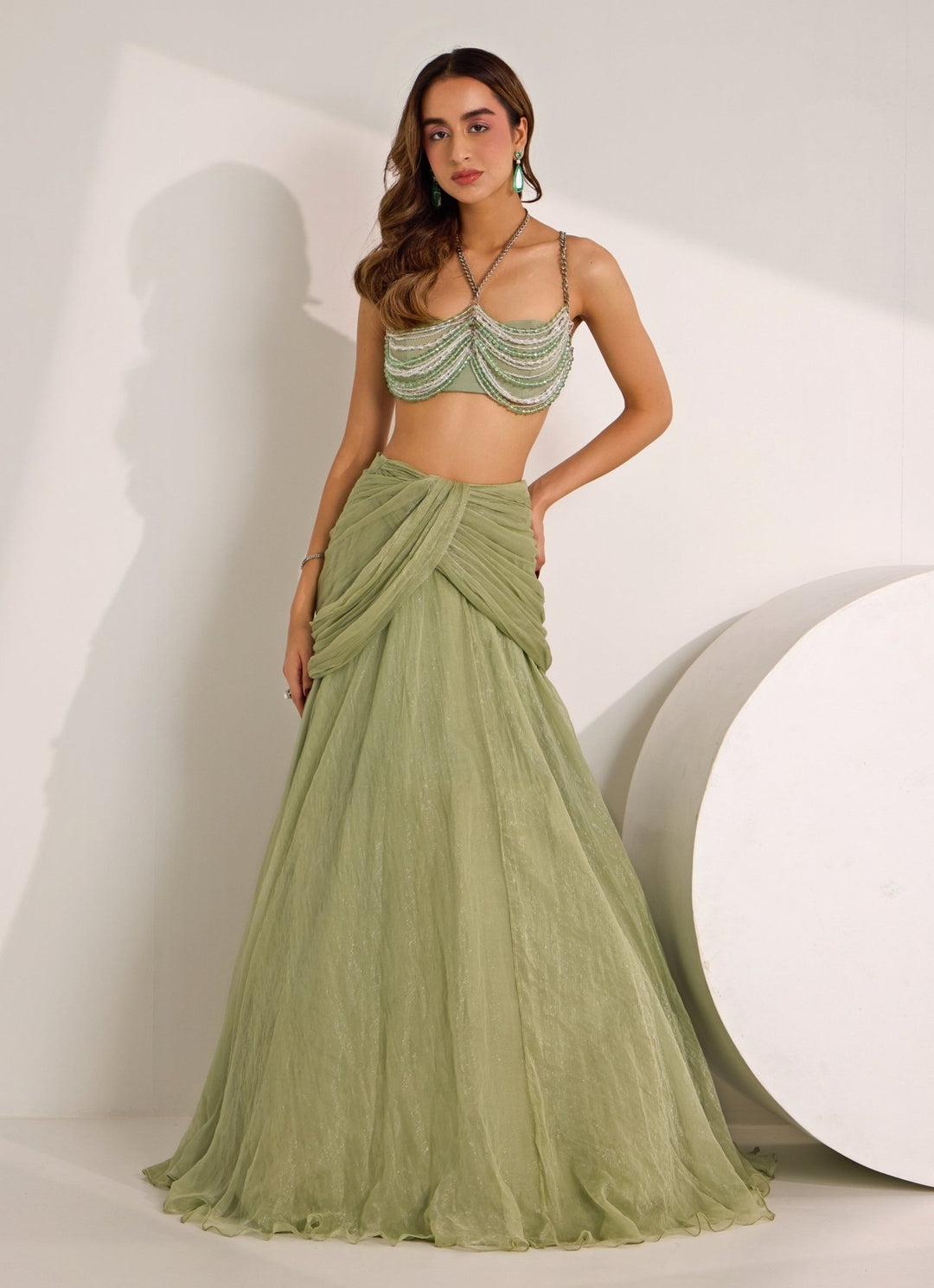 Mint Green Cowl Skirt With Embellished Bralette Silky Bindra - Fabilicious Fashion