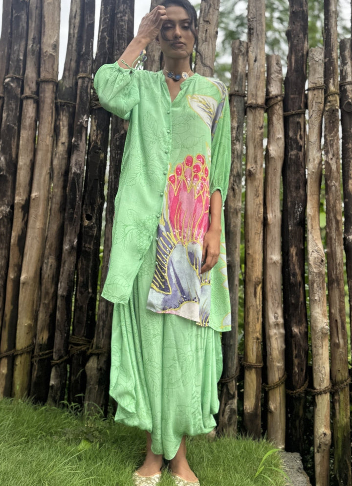 Mint Green Crepe Kurta Pant Set Basil Leaf - Fabilicious Fashion