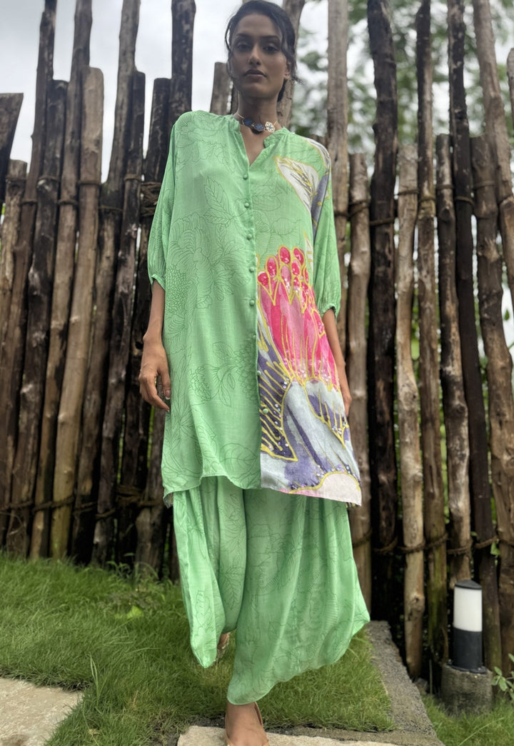 Mint Green Crepe Kurta Pant Set Basil Leaf - Fabilicious Fashion