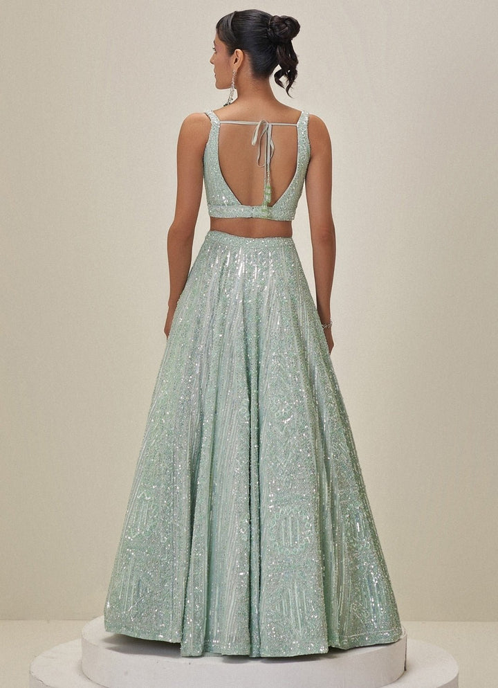 Mint Green Crystal Embroidered Lehenga Set Angad Singh - Fabilicious Fashion