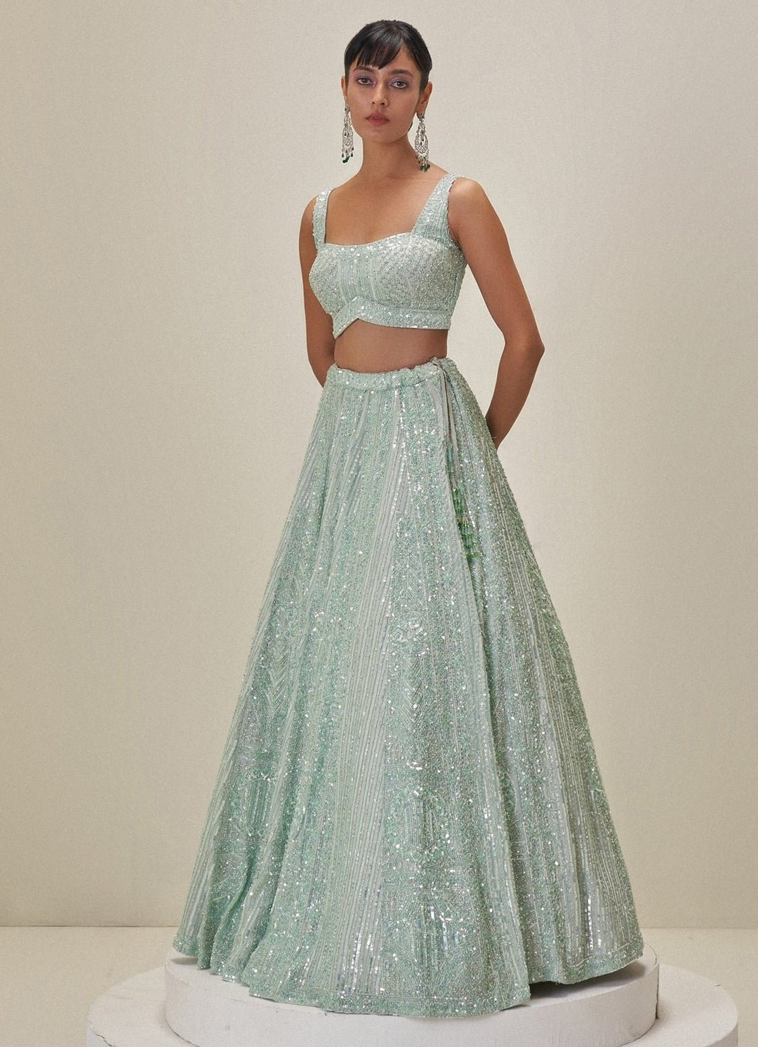 Mint Green Crystal Embroidered Lehenga Set Angad Singh - Fabilicious Fashion