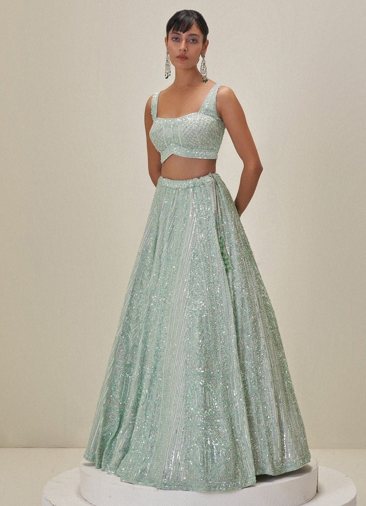 Mint Green Crystal Embroidered Lehenga Set Angad Singh - Fabilicious Fashion