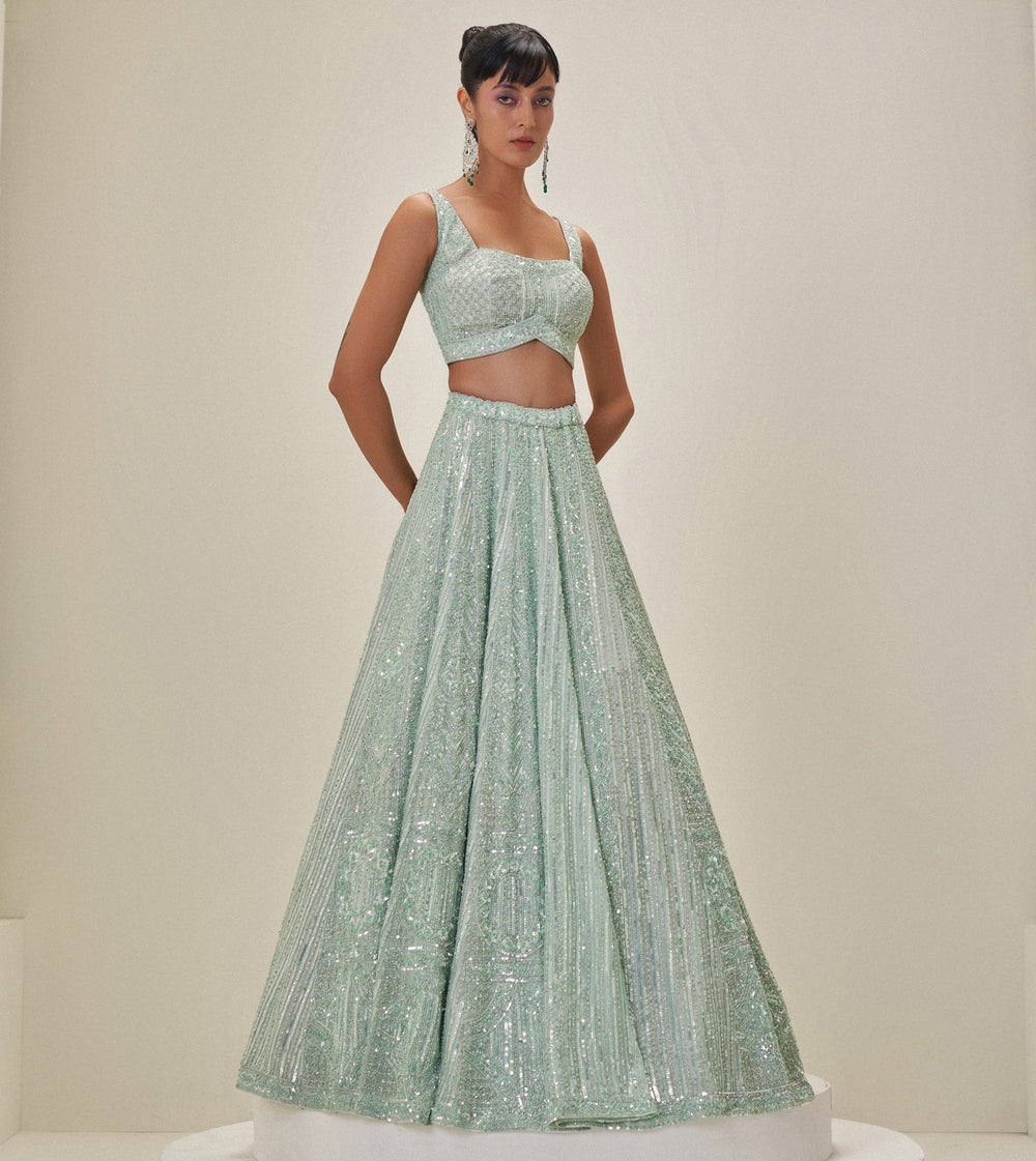 Mint Green Crystal Embroidered Lehenga Set Angad Singh - Fabilicious Fashion