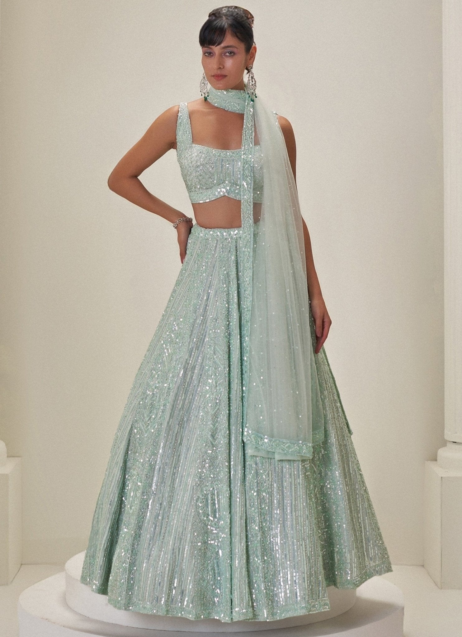 Mint Green Crystal Embroidered Lehenga