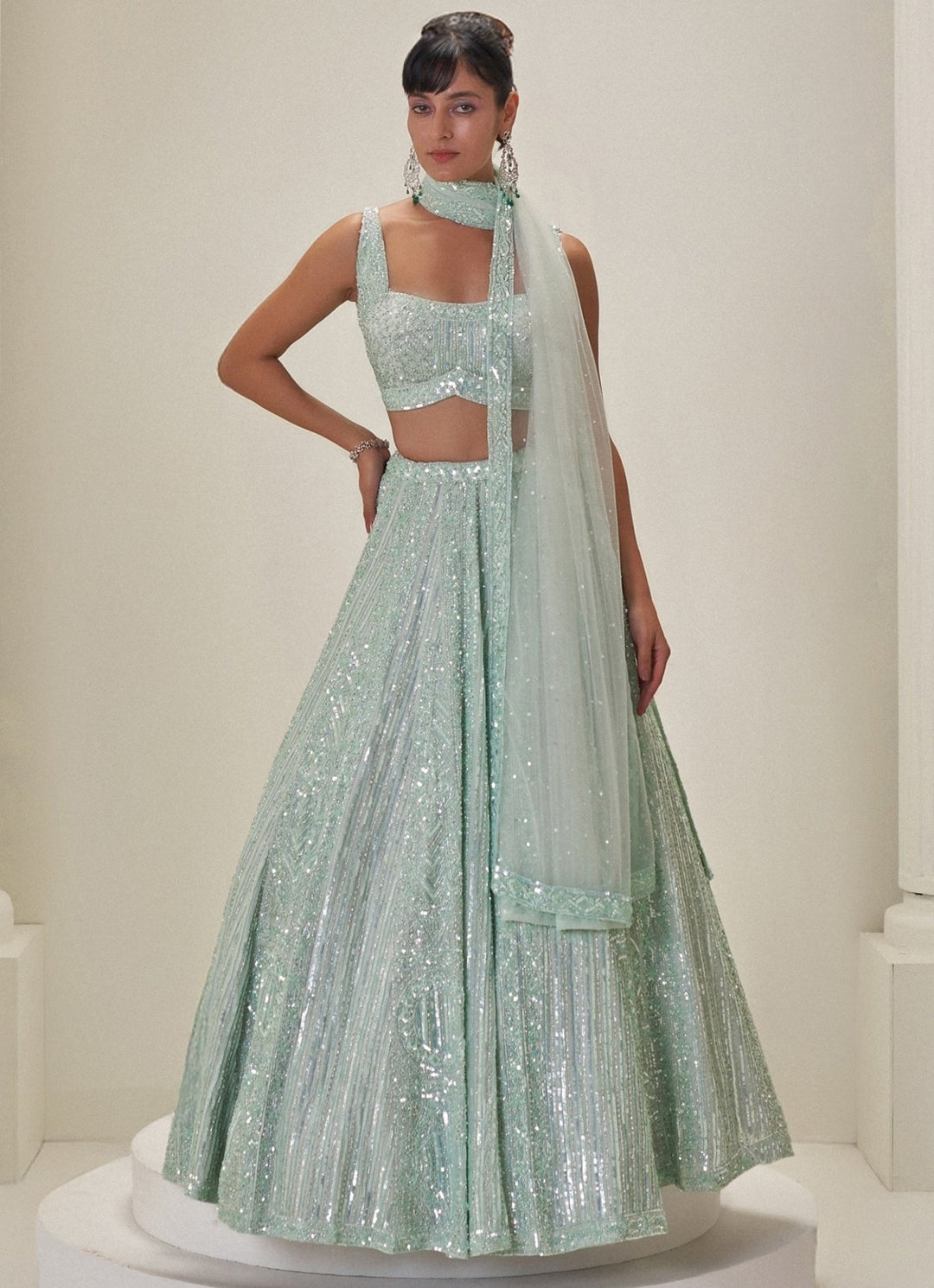 Mint Green Crystal Embroidered Lehenga Set Angad Singh - Fabilicious Fashion