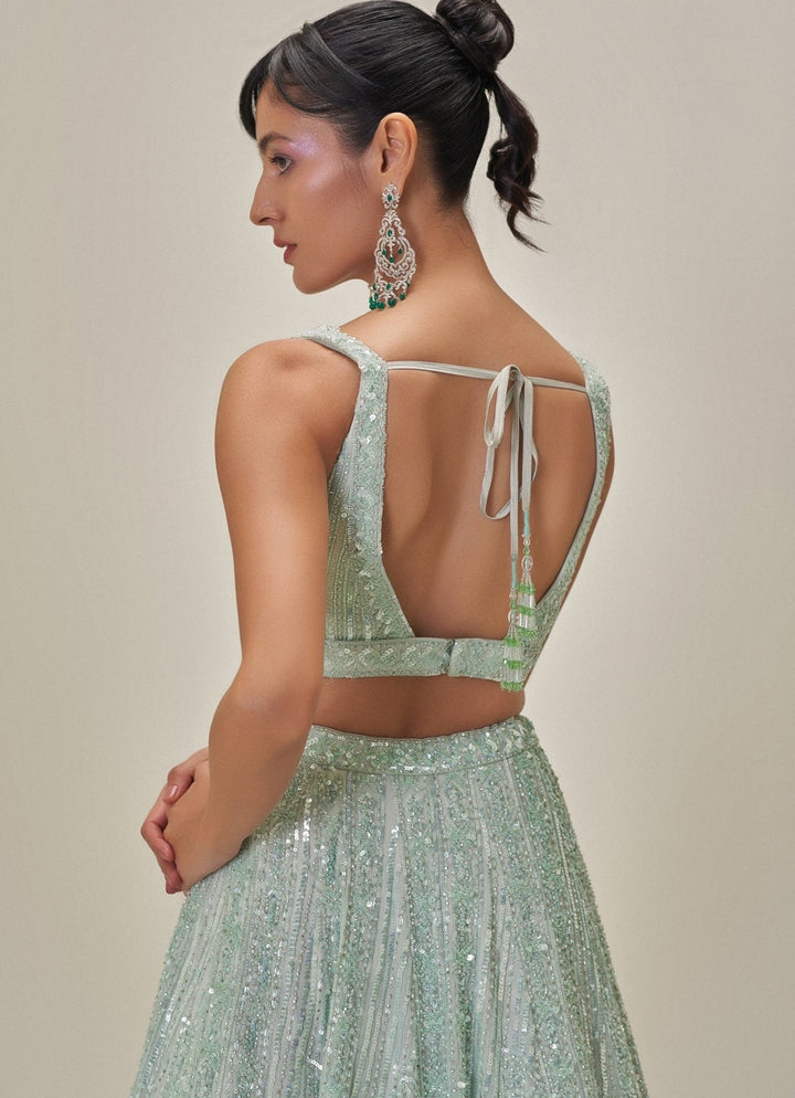 Mint Green Crystal Embroidered Lehenga Set Angad Singh - Fabilicious Fashion